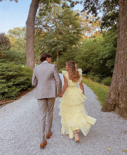 Retro Style Yellow A-line Tiered Tulle Prom Dress Long