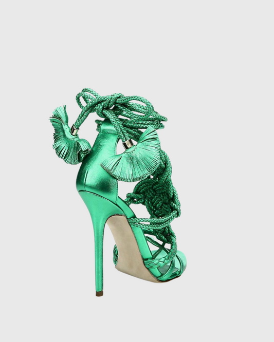 Cahid Woven Lace Up Sandals In Green