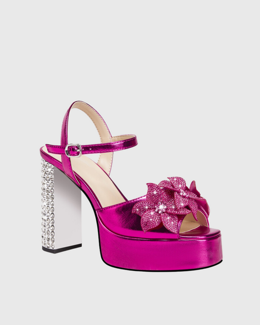 Cai Rhinestone Flower Strap Platform Sandals In Hot Pink