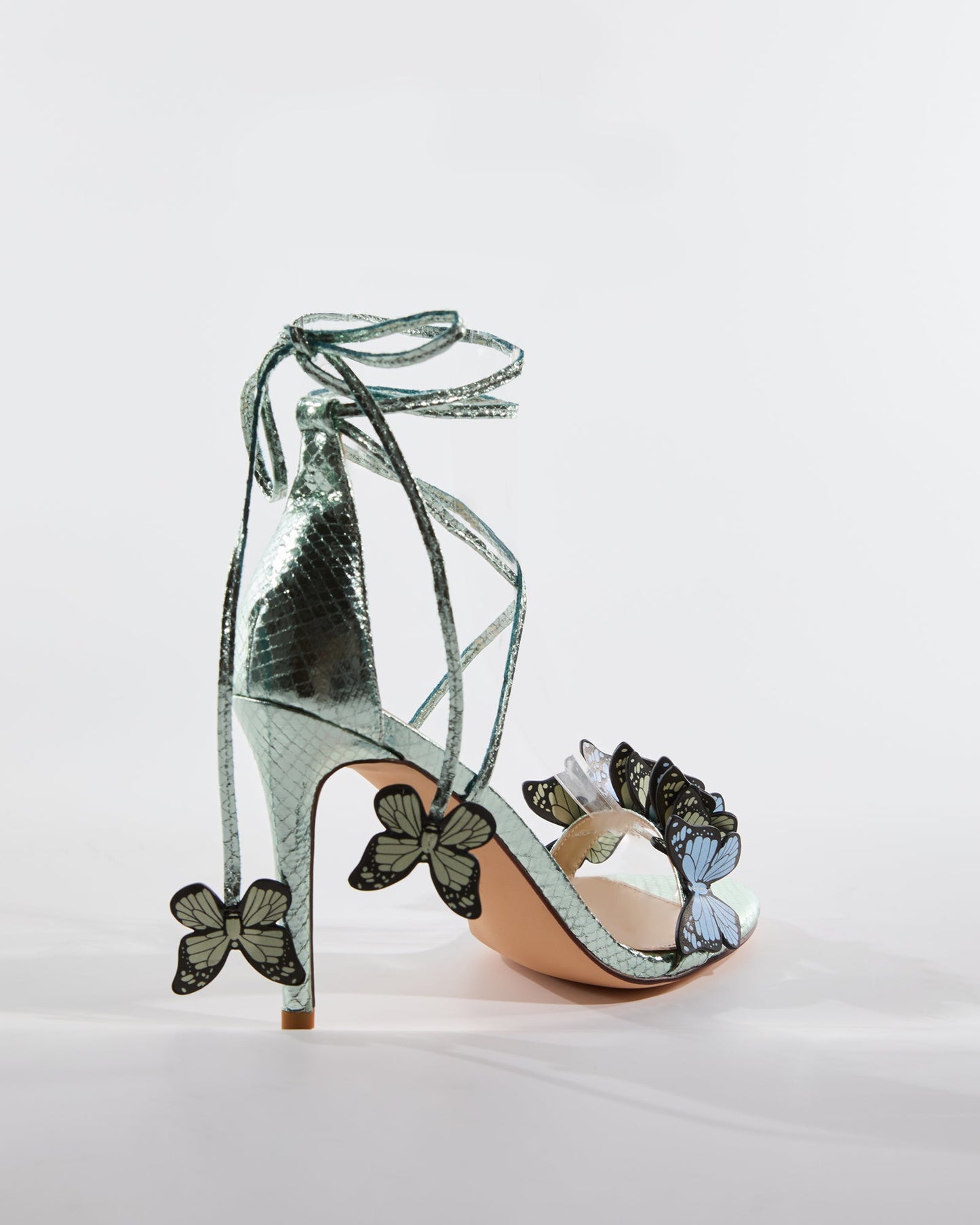 Carla Snake Print Butterfly Embellished Sandals In Green