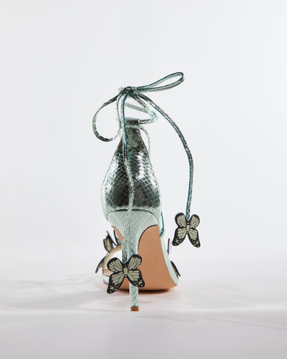 Carla Snake Print Butterfly Embellished Sandals In Green