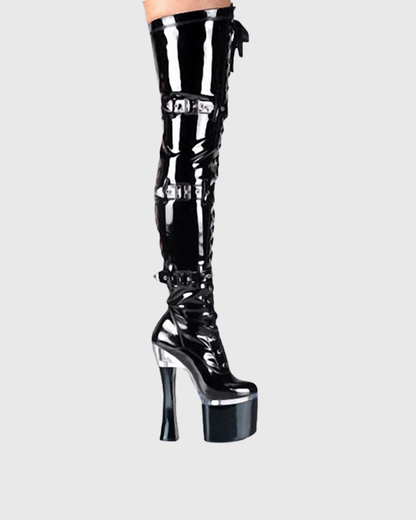 Carnie Buckle Lace Up Platform Over The Knee Boots In Black