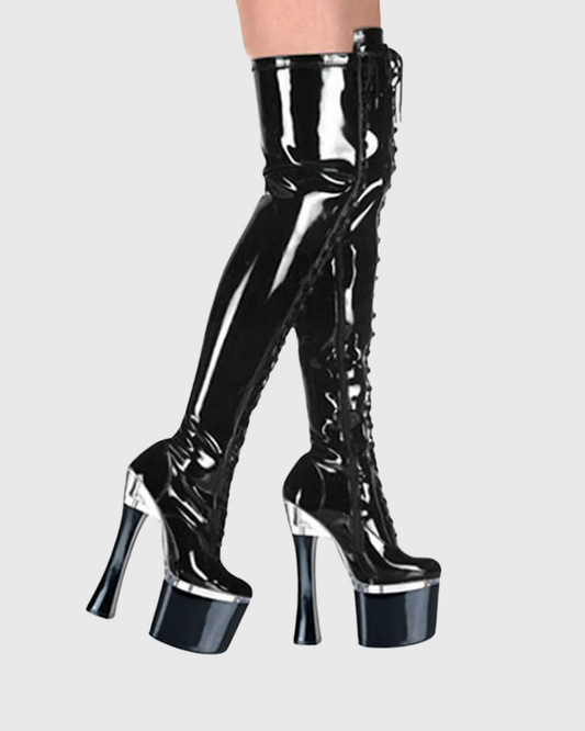 Carnie Buckle Lace Up Platform Over The Knee Boots In Black