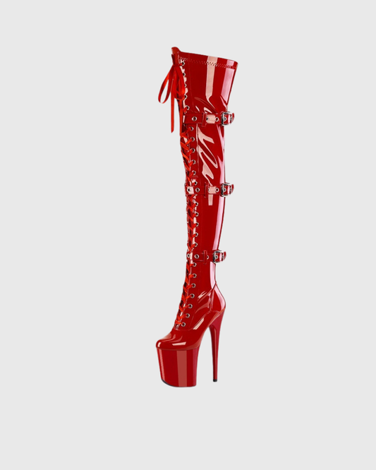 Carnie Buckle Lace Up Platform Over The Knee Boots In Red
