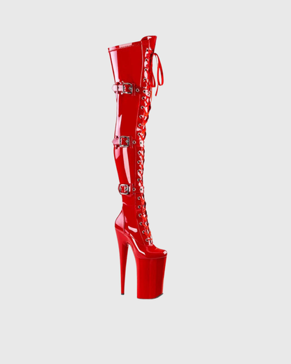 Carnie Buckle Lace Up Platform Over The Knee Boots In Red