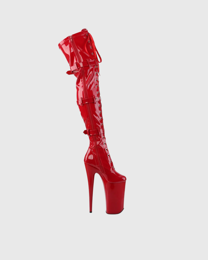 Carnie Buckle Lace Up Platform Over The Knee Boots In Red