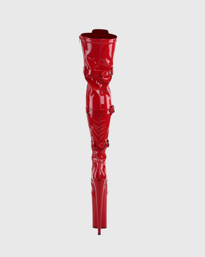 Carnie Buckle Lace Up Platform Over The Knee Boots In Red
