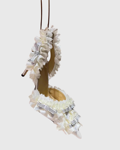 Caro Bow Lace Slingback Pumps In White