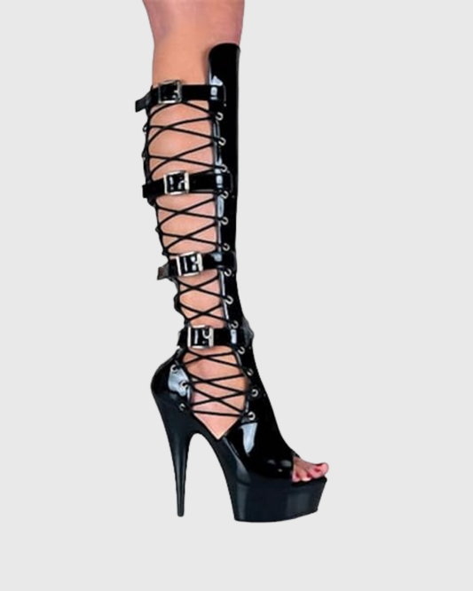 Carol Buckle Fishnet Deconstruct Knee High Boots