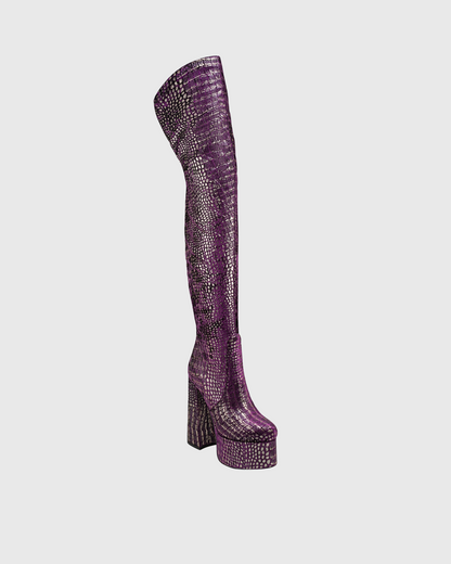 Carson Snake Print Platform Over The Knee Boots In Purple