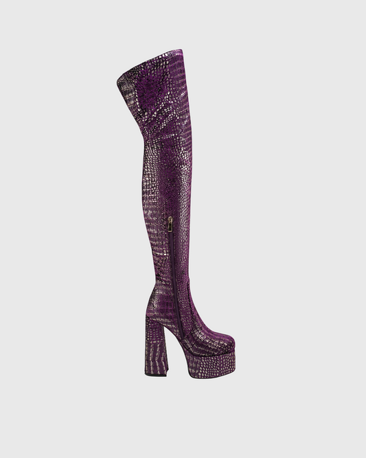 Carson Snake Print Platform Over The Knee Boots In Purple