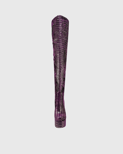 Carson Snake Print Platform Over The Knee Boots In Purple