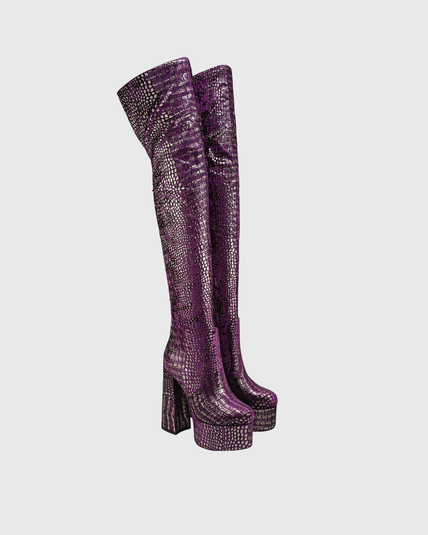 Carson Snake Print Platform Over The Knee Boots In Purple