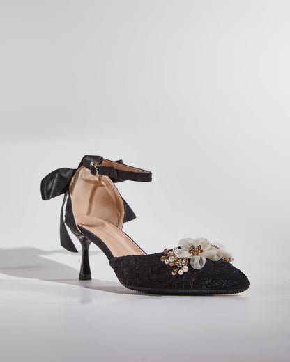 Cat Rhinestone Mesh Flower Sparkle Pumps In Black