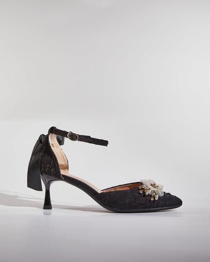 Cat Rhinestone Mesh Flower Sparkle Pumps In Black