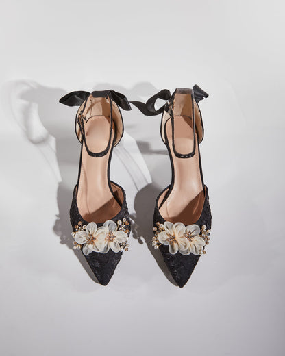 Cat Rhinestone Mesh Flower Sparkle Pumps In Black