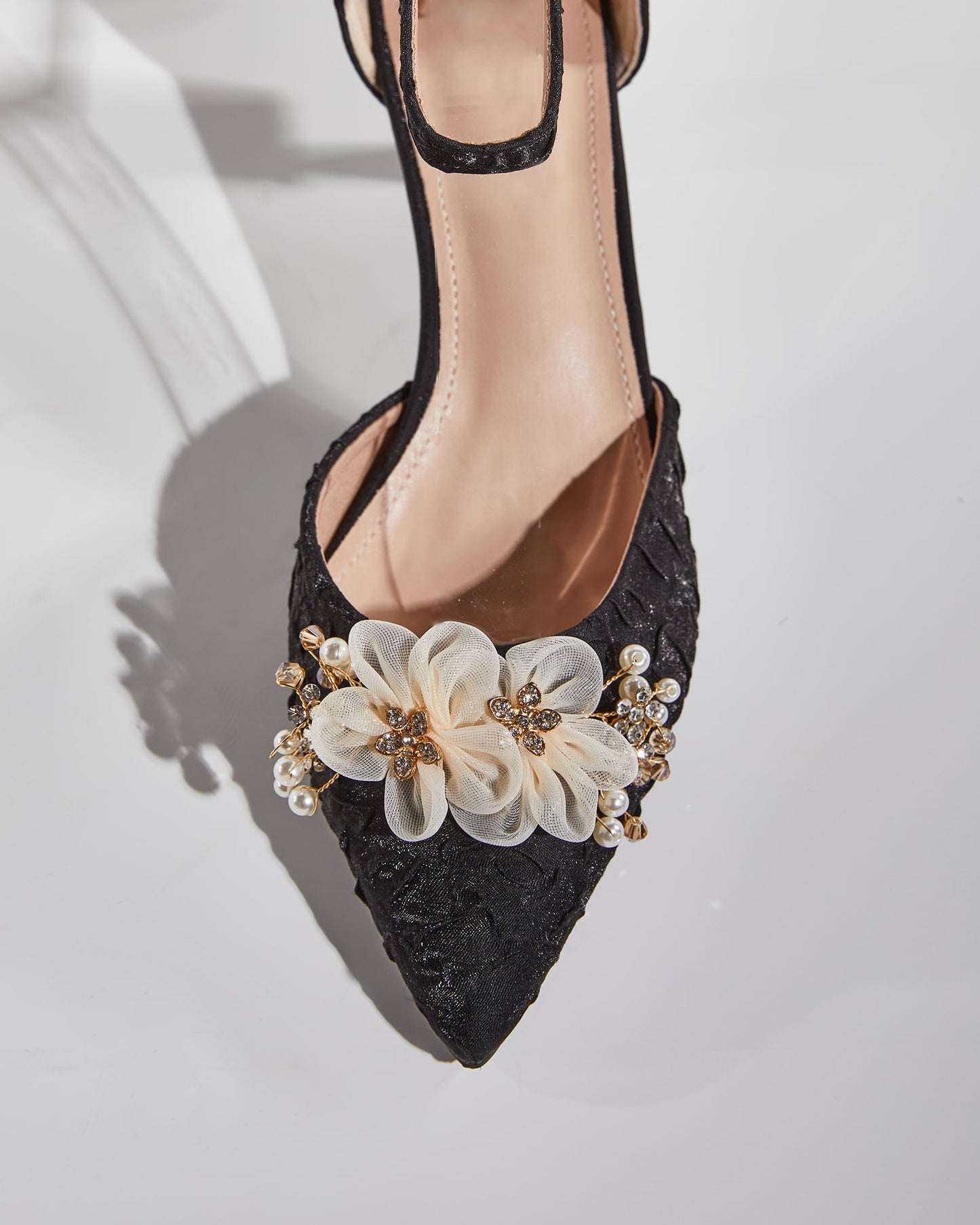 Cat Rhinestone Mesh Flower Sparkle Pumps In Black