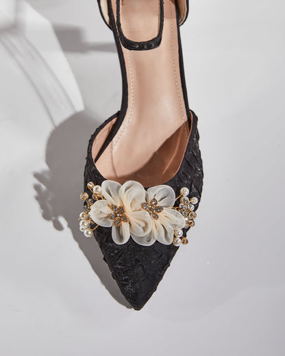 Cat Rhinestone Mesh Flower Sparkle Pumps In Black