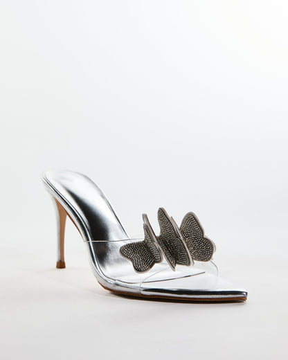 Catia Rhinestone Butterfly Slippers In Silver