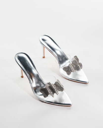 Catia Rhinestone Butterfly Slippers In Silver
