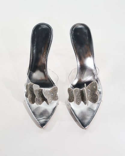 Catia Rhinestone Butterfly Slippers In Silver