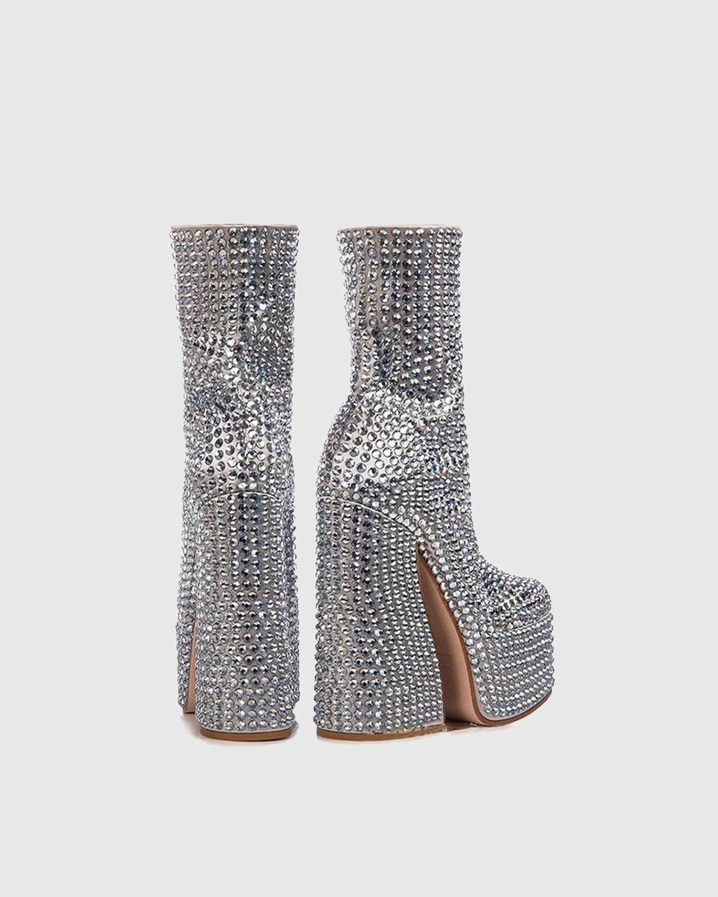 Cecilia Rhinestone Embellished Platform Mid Calf Boots In Silver