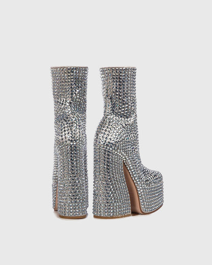 Cecilia Rhinestone Embellished Platform Mid Calf Boots In Silver