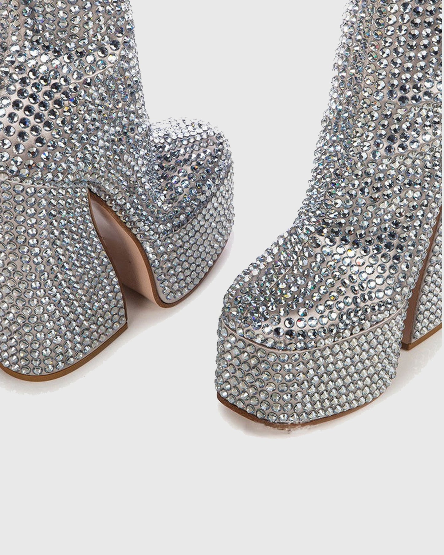 Cecilia Rhinestone Embellished Platform Mid Calf Boots In Silver