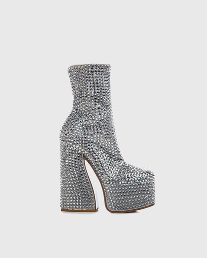 Cecilia Rhinestone Embellished Platform Mid Calf Boots In Silver