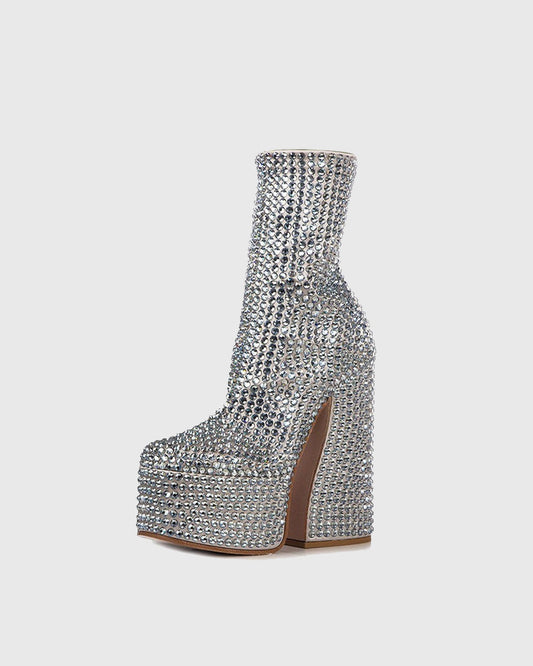 Cecilia Rhinestone Embellished Platform Mid Calf Boots In Silver