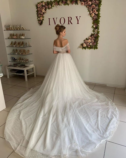 Shiny Off The Shoulder Ivory Wedding Dresses Long Prom Dress,WW230