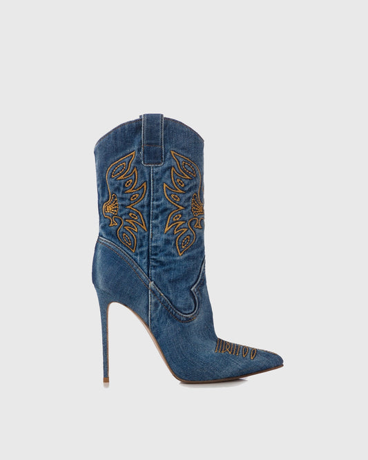 Cinzia Embroidery Denim Cowboy Mid Calf Boots