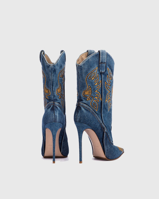 Cinzia Embroidery Denim Cowboy Mid Calf Boots