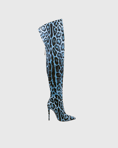 Claretta Leopard Print Over The Knee Boots In Blue