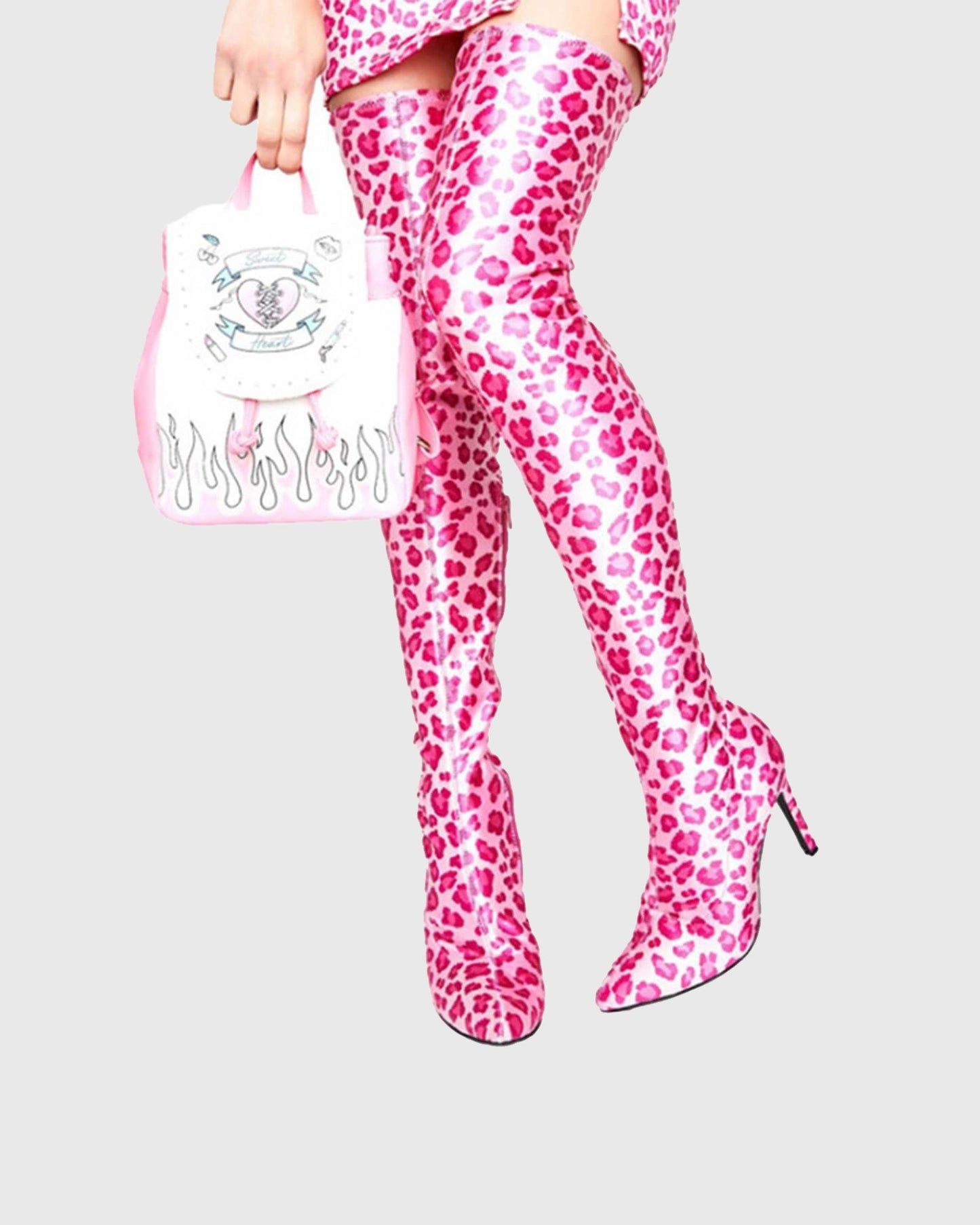 Claretta Leopard Print Over The Knee Boots In Pink