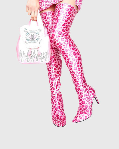Claretta Leopard Print Over The Knee Boots In Pink
