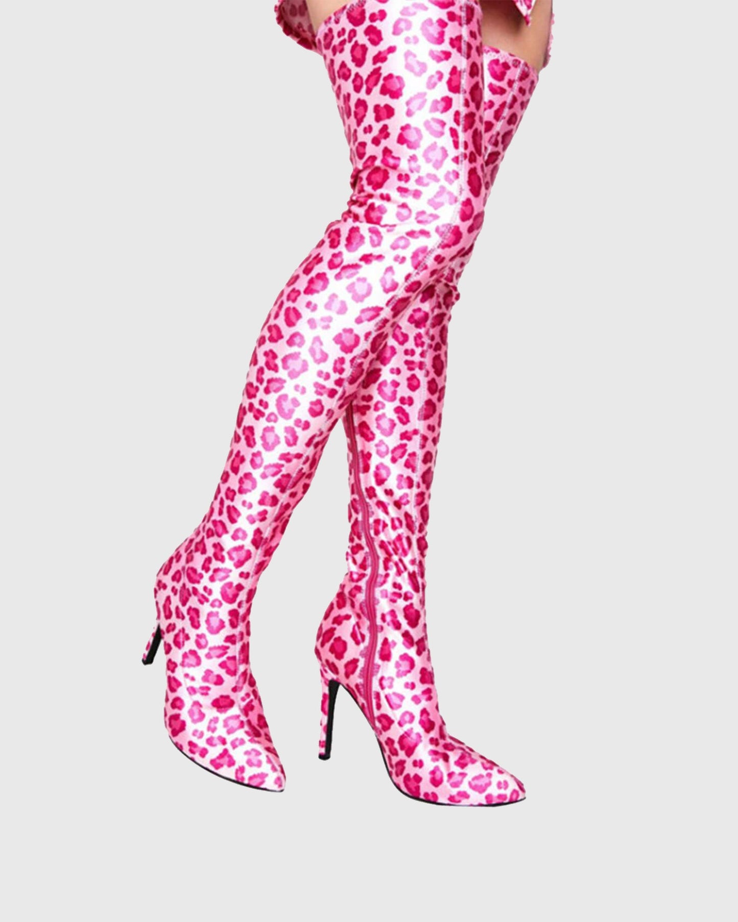Claretta Leopard Print Over The Knee Boots In Pink