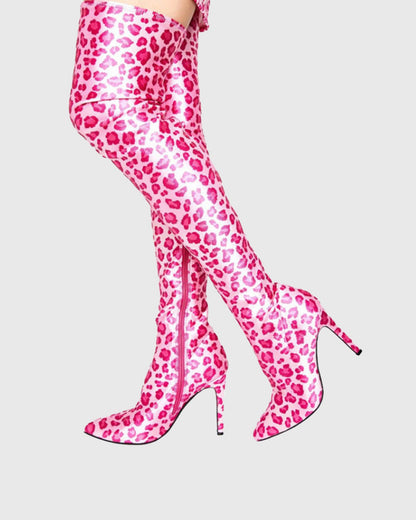Claretta Leopard Print Over The Knee Boots In Pink
