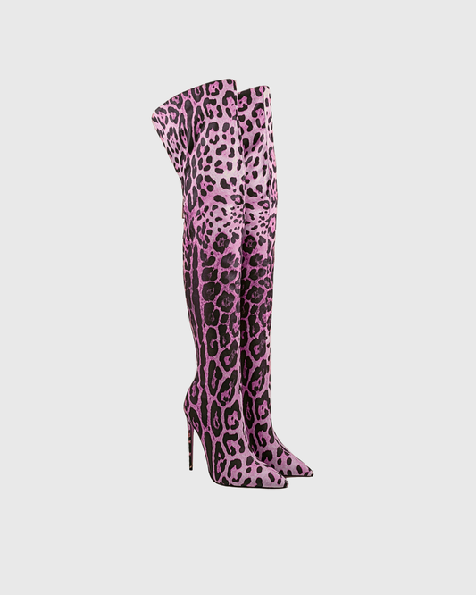 Claretta Leopard Print Over The Knee Boots In Violet