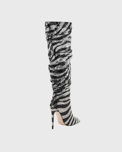 Claretta Zebra Print Ruch Knee High Boots