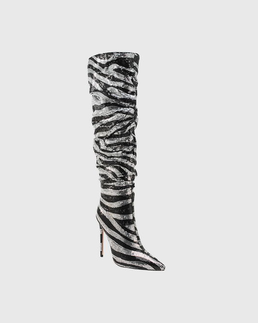 Claretta Zebra Print Ruch Knee High Boots