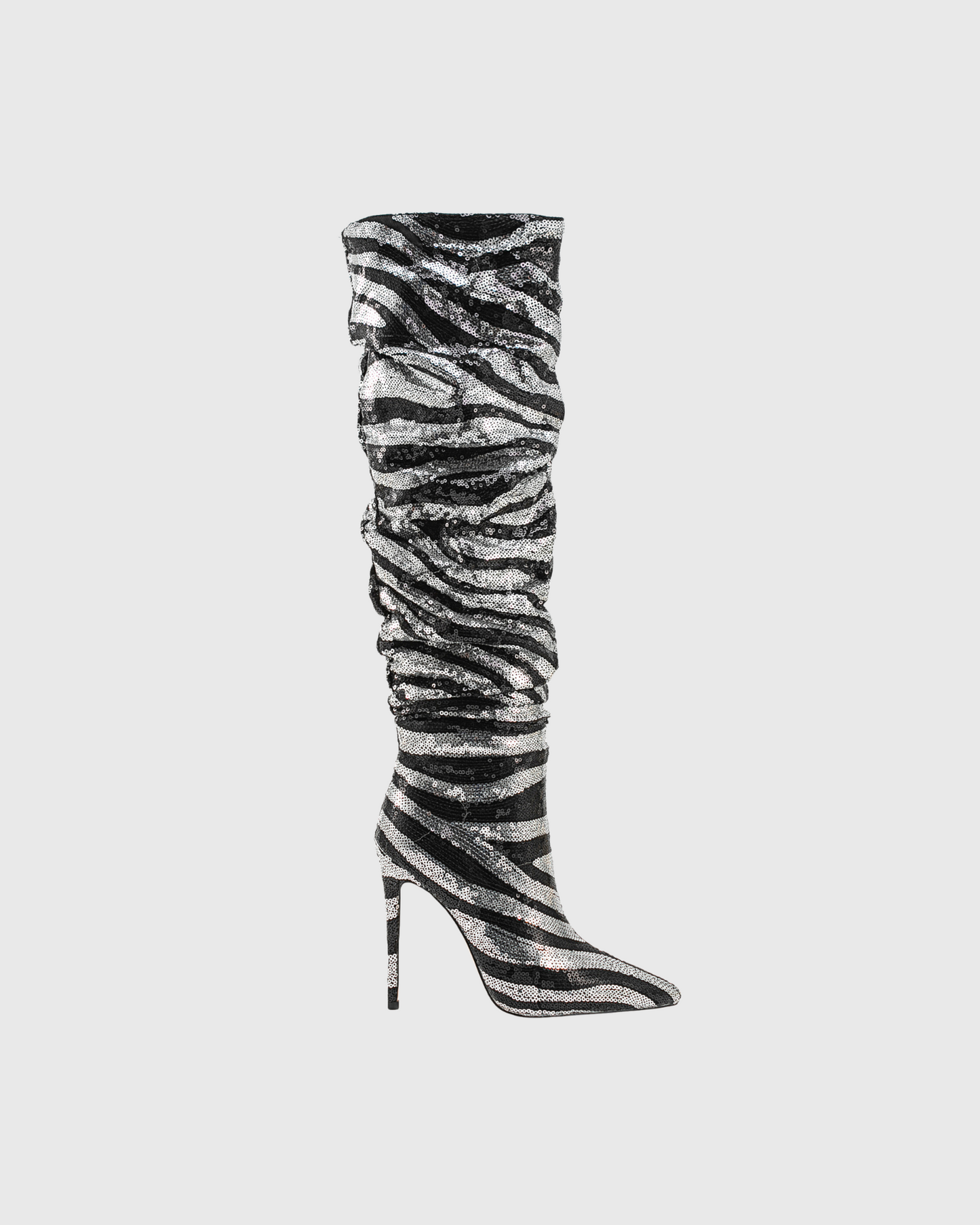 Claretta Zebra Print Ruch Knee High Boots