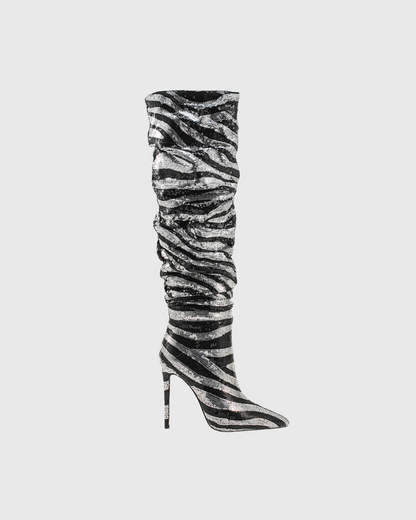 Claretta Zebra Print Ruch Knee High Boots