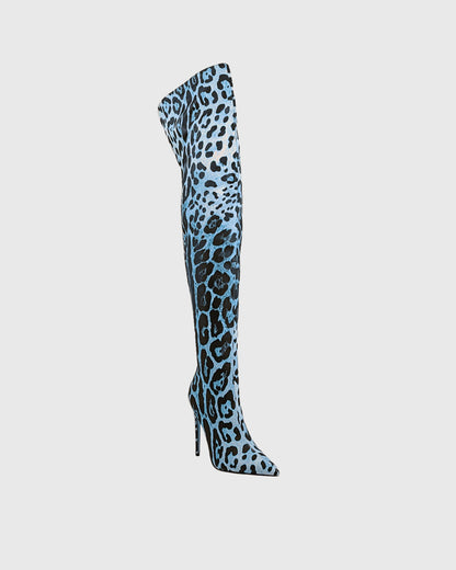 Claretta Leopard Print Over The Knee Boots In Blue