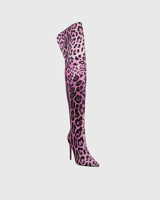 Claretta Leopard Print Over The Knee Boots In Violet
