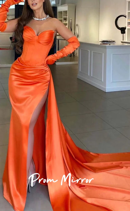 Classic Orange Satin Pleated Long Prom Dresses With Side Slit