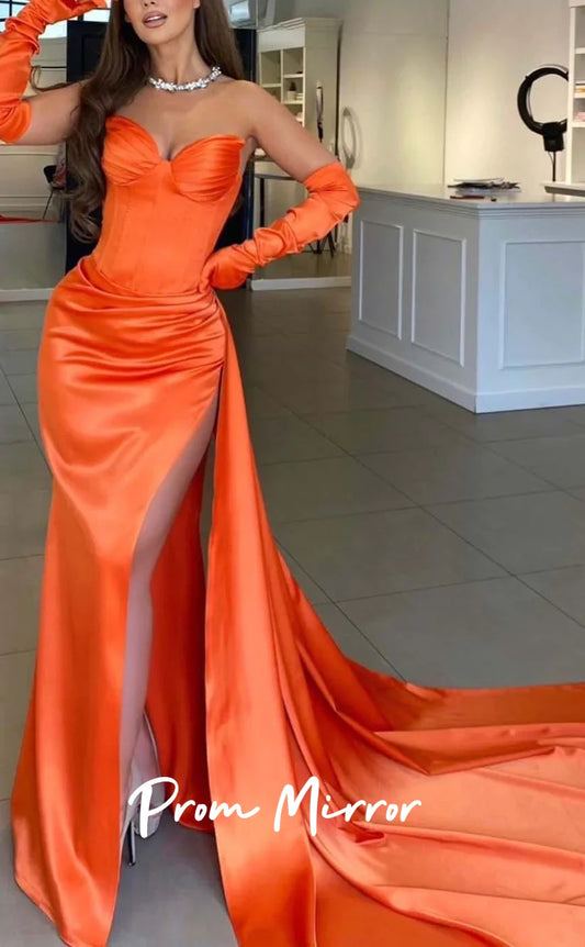 Classic Orange Satin Pleated Long Prom Dresses With Side Slit