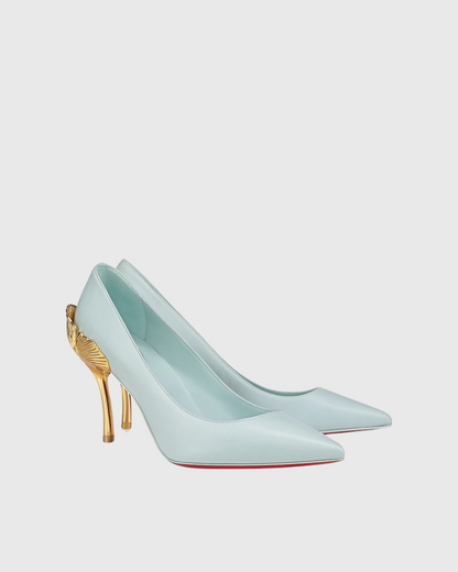 Cleo Metal Leaf Heels In Mint Blue