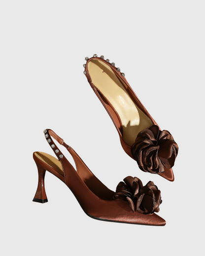 Clio Satin Flower Rhinestone Slingback Pumps In Brown