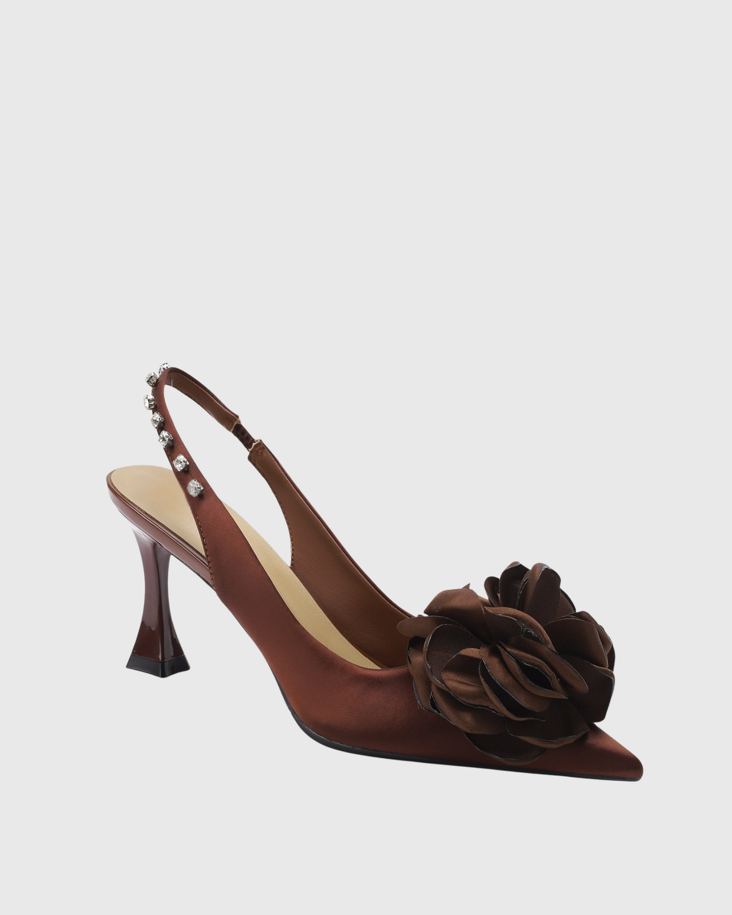 Clio Satin Flower Rhinestone Slingback Pumps In Brown